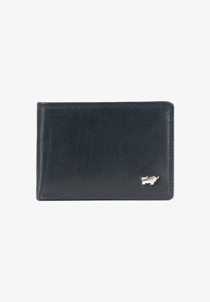 Portafoglio in pelle nera con texture liscia, design bi-fold e un accento in argento a forma di toro sulla parte frontale. Presenta dettagli di cucitura sottili.