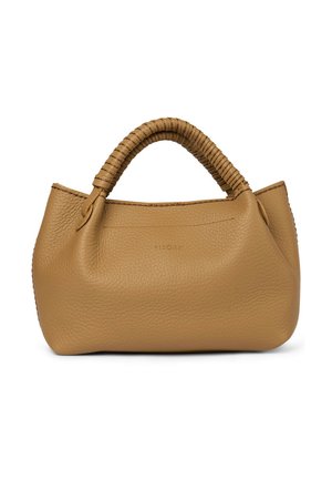 Sac à main en cuir grainé couleur fauve avec anse enveloppée et nom de marque subtilement embossé centré à l'avant.