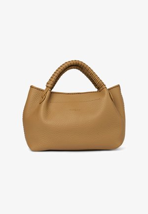 Borsa a mano in pelle martellata color cuoio con manico avvolto e nome del marchio leggermente in rilievo al centro della parte anteriore.