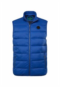 Blå puffärmad väst med hög krage, framsidan med dragkedja, två sidofickor och en cirkulär logotyp på vänster bröst. Slät textur, kviltad design.