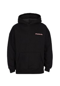 Black hooded sweatshirt with front kangaroo pocket and small pink "Dropsize Clo." logo on the left chest.
