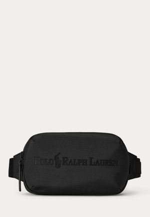Schwarze Umhängetasche mit Reißverschluss-Hauptfach und geprägt Polo Ralph Lauren Logo auf der Vorderseite.