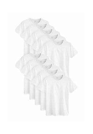 Pakke med otte ensfarvede hvide t-shirts lavet af bomuld, med korte ærmer, rund halsudskæring og en klassisk pasform med en glat tekstur.