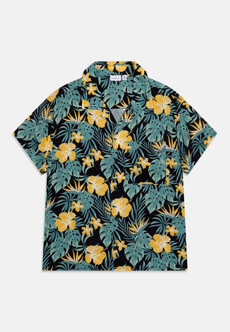 Camicia a maniche corte in tessuto nero con motivo floreale tropicale caratterizzato da hibiscus gialli e foglie verdi. Design con colletto e vestibilità rilassata.