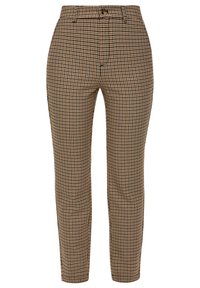 Bruine en beige houndstooth gepatternde broeken met een slim fit, voorzien van riemlussen, zijzakken en een platte voorkant.