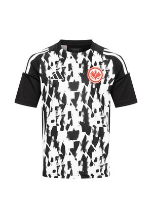 Black and white patterned sports jersey with short sleeves, Adidas logo on chest, and red emblem featuring an eagle on the left side.