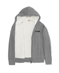 Grijze ribgebreide capuchonvest met een zachte witte fleece voering, voorzien van zijzakken en een logopatch op de borst. Ritssluiting.