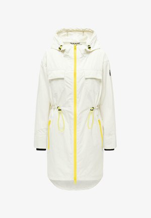 White hooded long jacket with bright yellow front zipper, adjustable waist cords, and zippered side pockets.