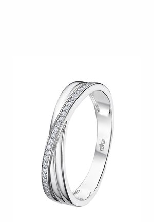 Silver ring featuring a smooth, polished surface with two intertwining bands and a row of small, embedded clear gemstones along one edge.