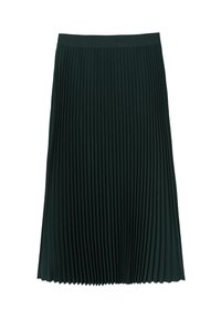 Gonna plissettata in tessuto verde scuro, con una fascia in vita ampia e un design a lunghezza ginocchio caratterizzato da pieghe verticali per texture.