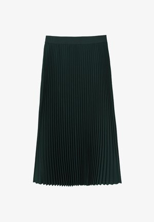 Falda plisada de tela verde oscuro, con una cinturilla ancha y un diseño hasta la rodilla con pliegues verticales para textura.