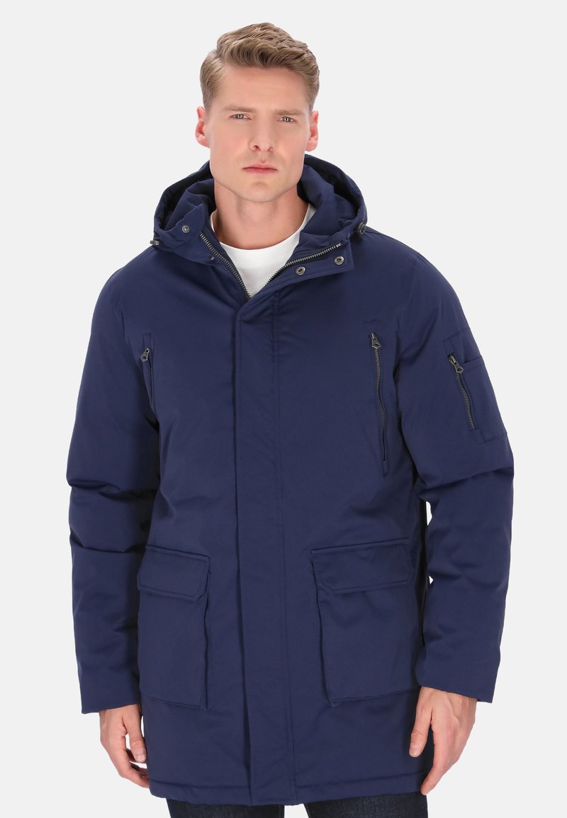 Marineblaue Kapuzenparka-Jacke aus strapazierfähigem Stoff; ausgestattet mit Reißverschlusstaschen, vorderer Knopfleiste und lockerem Schnitt.