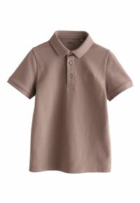 Kortærmet polo skjorte i lysebrun, lavet af tekstureret stof. Har en krave, slidse med tre knapper og et lille logo.