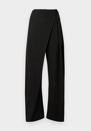 Black wide-leg pants with a front wrap panel and a button closure at the waist, displayed against a white background.