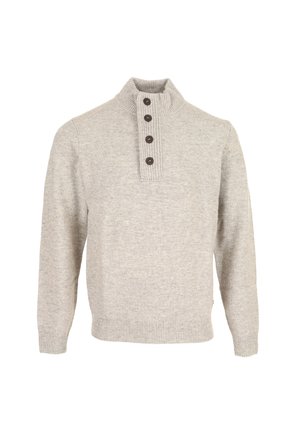 Light gray knit pullover sweater with a high ribbed collar and four dark buttons along the front placket.