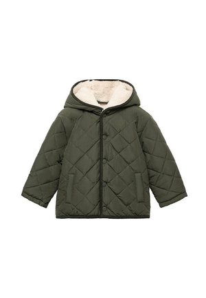 Giubbotto verde trapuntato con cappuccio, dotato di un caldo rivestimento color crema, bottoni a scatto e due tasche laterali. Tessuto morbido e design rettangolare.
