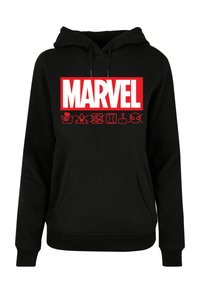 Black hoodie featuring a bold red "MARVEL" logo, with white and red graphics below. Made of soft fabric with a kangaroo pocket and drawstring hood.