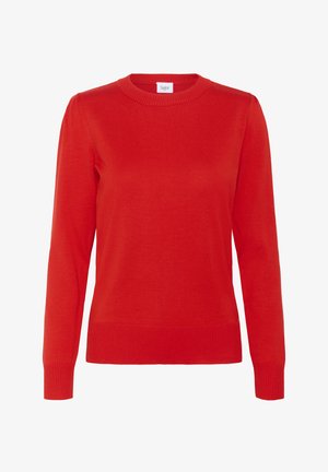 Sarkana džemperis, kas izgatavots no adītu audumu. Iekļauj apaļo izgriezumu, garas piedurknes un ribotās aproces un apakšmalu, lai nodrošinātu pieguļošu izskatu. Vienkrāsaina, bez rakstiem.