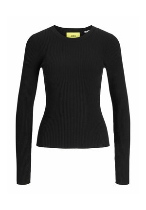 Haut noir à manches longues côtelé avec une silhouette ajustée et un col rond. Design minimaliste avec une étiquette comportant un texte jaune contrastant.