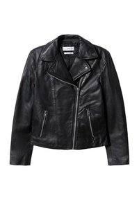 Veste de motard en cuir noir avec fermeture éclair asymétrique à l'avant, col à boutons-pression et deux poches latérales zippées.