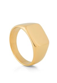 Inel de aur cu o suprafață netedă și lustruită, având un top pătrat și o bandă rotundă. Designul este minimalist și contemporan.