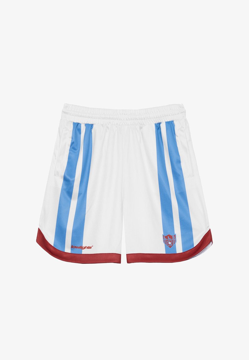 Shorts de sport blancs avec des rayures latérales bleues, des accents rouges, une taille élastique et un logo sur la jambe gauche. Tissu respirant.
