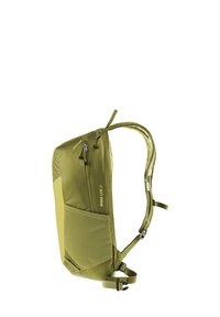Mochila de nailon verde con un diseño aerodinámico, bolsillos con cremallera, correas ajustables y un bolsillo de malla lateral para una mejor organización.