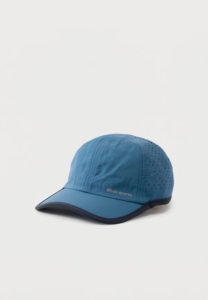 Cappellino sportivo blu con lati traforati e bordo scuro sulla visiera, etichettato "lilboo sports", posizionato su uno sfondo bianco semplice.