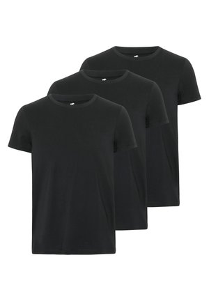 Three black cotton t-shirts feature short sleeves and a crew neck. The fabric appears smooth with a consistent texture.