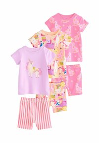 Set von Kinder-Pyjamas mit vier T-Shirts mit kurzen Ärmeln und passenden Shorts. Die Farben umfassen Rosa und Flieder; Muster mit Einhörnern und Tieren.