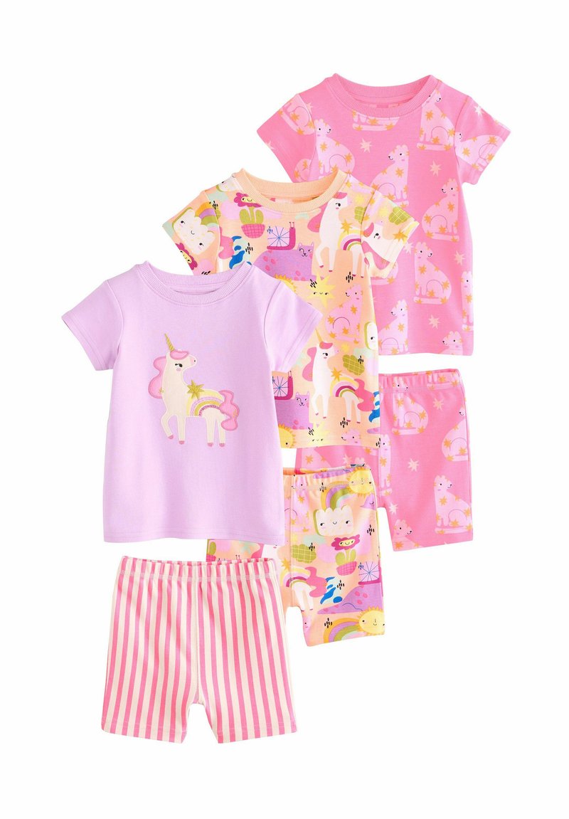 Set von Kinder-Pyjamas mit vier T-Shirts mit kurzen Ärmeln und passenden Shorts. Die Farben umfassen Rosa und Flieder; Muster mit Einhörnern und Tieren.