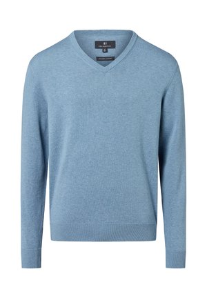 Helles blaues V-Ausschnitt-Pullover aus biologischer Baumwolle, mit langen Ärmeln sowie gerippten Bündchen und Saum für zusätzliche Textur und Passform.