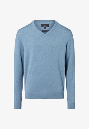 Jasnoniebieski sweter w serek wykonany z organicznej bawełny, z długimi rękawami oraz prążkowanymi mankietami i dołem, co zapewnia dodatkową teksturę i dopasowanie.
