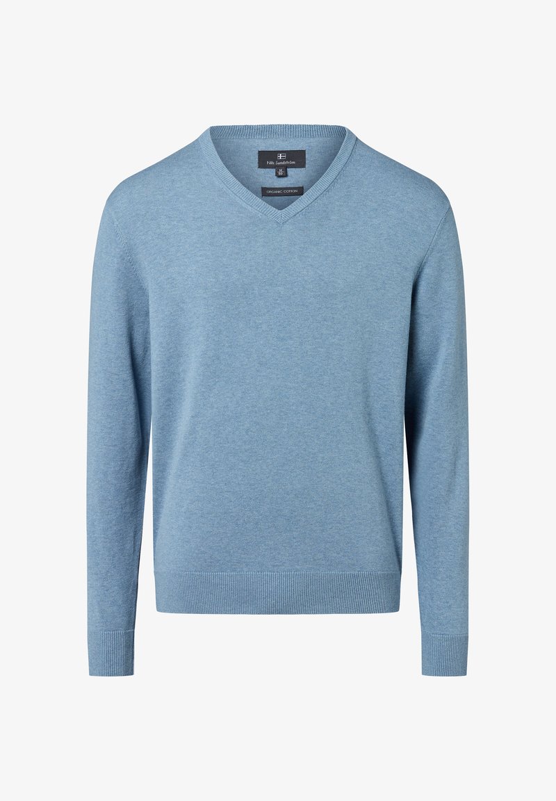 Jasnoniebieski sweter w serek wykonany z organicznej bawełny, z długimi rękawami oraz prążkowanymi mankietami i dołem, co zapewnia dodatkową teksturę i dopasowanie.