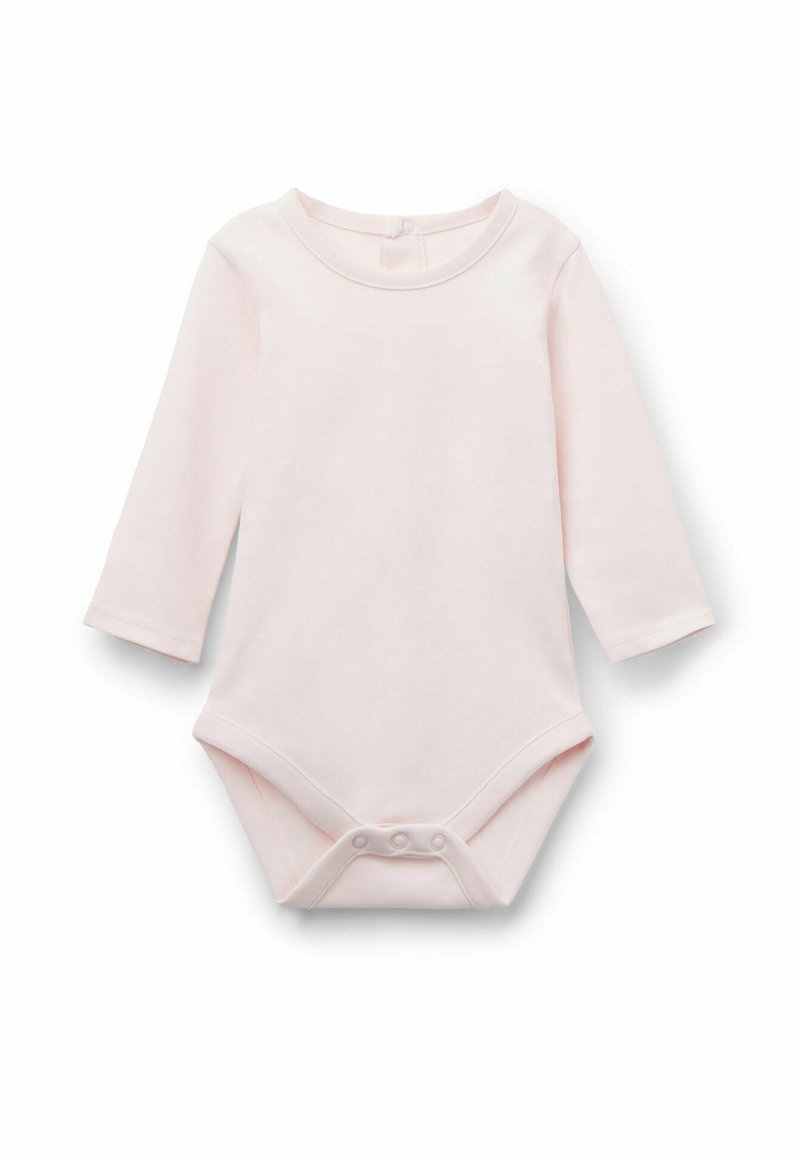 Dětský body s dlouhým rukávem vyrobený z jemné růžové bavlny. Má kulatý výstřih a zapínání na druky na spodní části pro snadné oblékání.
