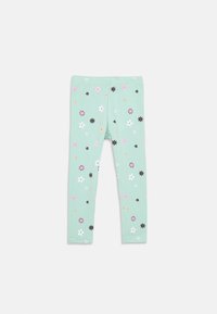 Leggings verde menta con una cintura elasticizzata, caratterizzati da un motivo floreale sparso in tonalità di rosa, bianco, nero e arancione.
