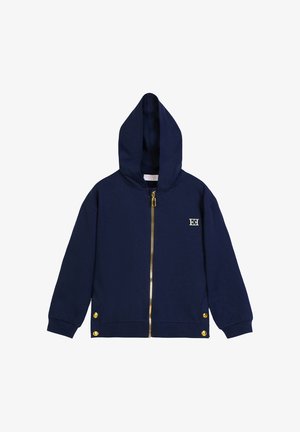 Felpa con cappuccio blu navy con cerniera e bottoni dorati, piccolo logo bianco "EE" sul petto, polsini a costine e tasche anteriori.