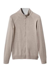 Maglione beige con zip e colletto alto, realizzato in tessuto morbido. Presenta maniche raglan e polsini e orlo a costine. Texture liscia in tutto il capo.