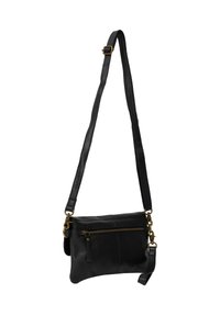 Borsa a tracolla in pelle nera con tracolla regolabile, dotata di tasca frontale con zip e minuteria metallica. Texture liscia, design minimalista.