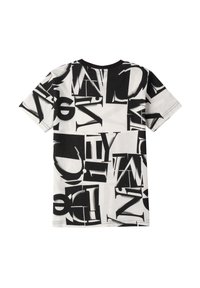 Koszulka wykonana z bawełny z czarno-białym nadrukiem typograficznym na całej powierzchni. Design z okrągłym dekoltem, krótkie rękawy i prosty dół.