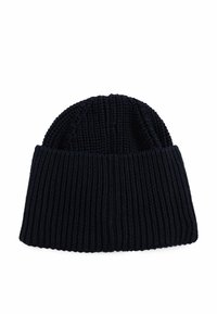 Granatowy dziany beanie wykonany z prążkowanej tkaniny, charakteryzujący się miękką teksturą i zwiniętym brzegiem, zapewniającym ciasne dopasowanie.