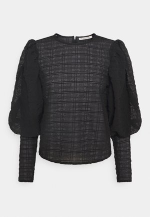 Blusa nera a maniche lunghe con tessuto testurizzato, motivo a griglia e maniche a sbuffo arricciate. Collo alto e chiusura sul centro dietro.