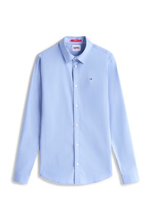 Lichtblauw overhemd met lange mouwen en knopen, kraag, klein Tommy Jeans-logo op de borst en slim fit-label aan de binnenkant van de kraag.