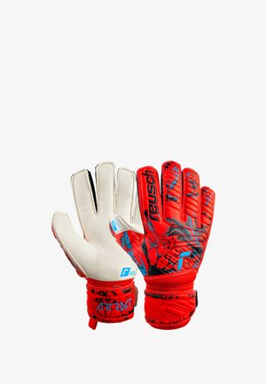 Red goalkeeper gloves with a white latex palm, textured grip, and black and blue accents. Features a strap at the wrist for secure fit.
