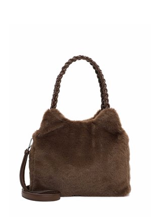 Brown faux fur handbag with a braided handle, rounded top, and detachable shoulder strap. Soft texture and subtle cat ear accents.