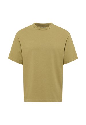 Gładki oliwkowozielony T-shirt z krótkim rękawem, okrągłym dekoltem, luźnym krojem i widocznymi szwami na krawędziach rękawów i na dole.