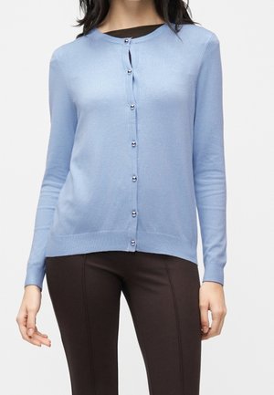 Un mannequin porte un cardigan bleu clair boutonné sur le devant, par-dessus un haut noir et un pantalon marron foncé.