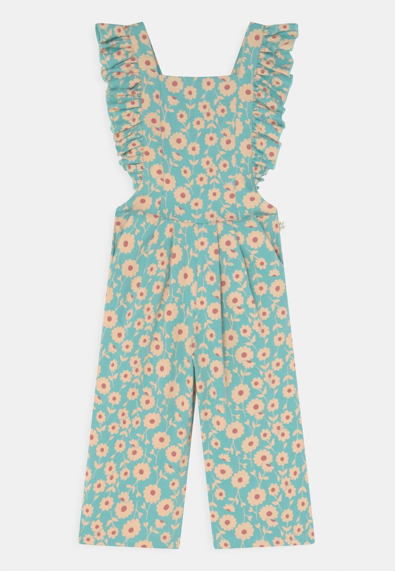 Floral overalls with ruffled straps; vibrant turquoise background with pink flowers; wide-leg design; lightweight fabric; gathered waist.