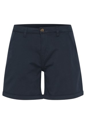 Marineblå bomuldsshorts med knaplukning, sidelommer og opkrøllede manchetter, der har en glat overflade og klassisk design.