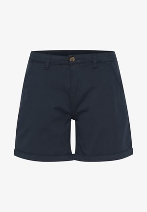Marinblå bomullsshorts med knappstängning, sidofickor och uppvikta ärmar, med en slät textur och klassisk design.